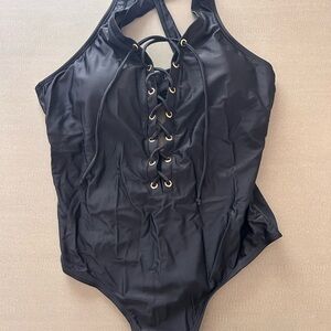 MeetCurve All Black Front Lace Up One Piece Swimsuit, Size L